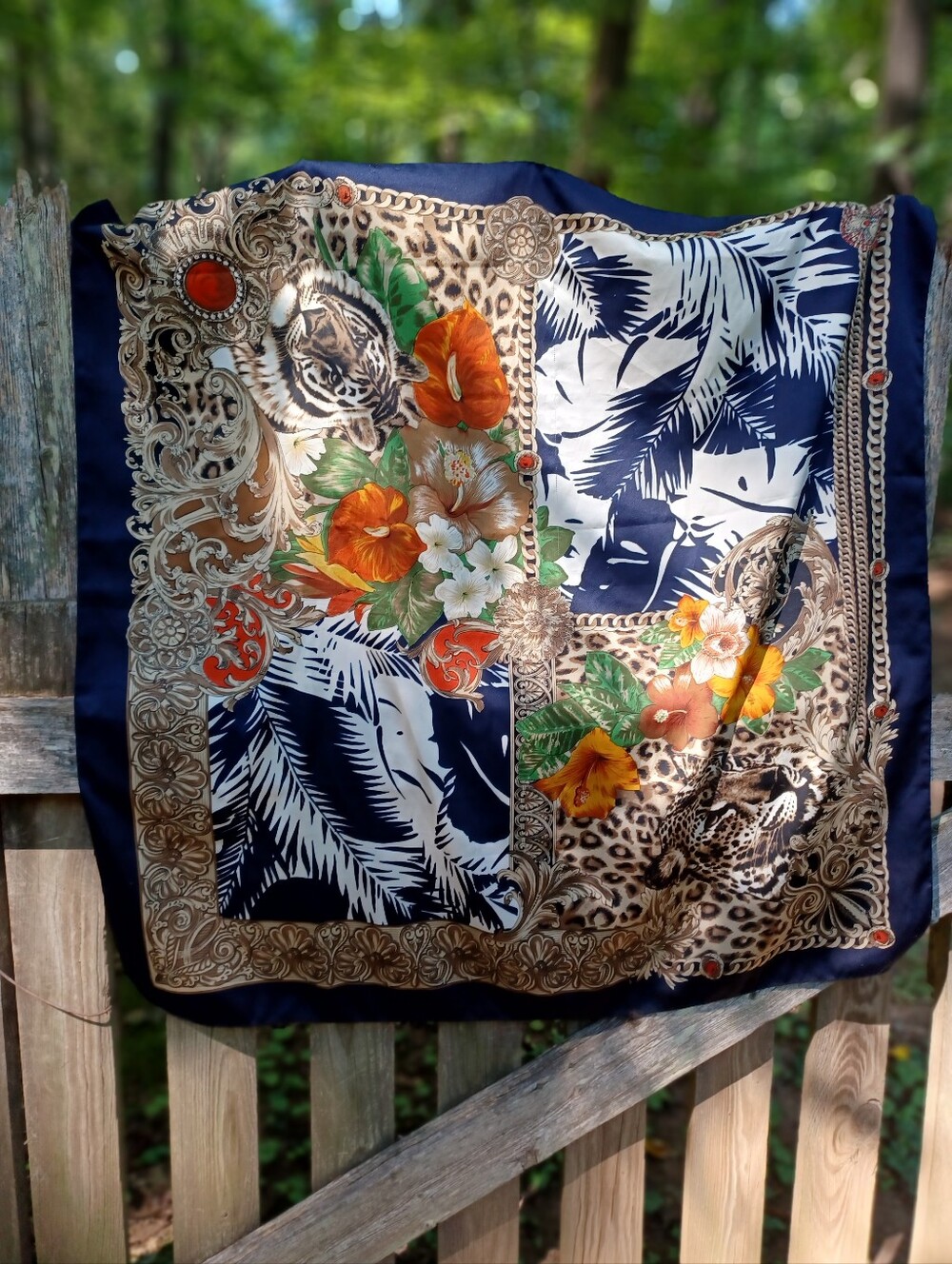 Floral Leopard Print Decorative Square Scarf - Navy & Orange